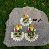 Dulhaniya Earrings with Mangtikka - Unique Sea Shell Design - Jewellery set for haldi function - Wedding jewellery - shell floral earrings - BBD GIFTS